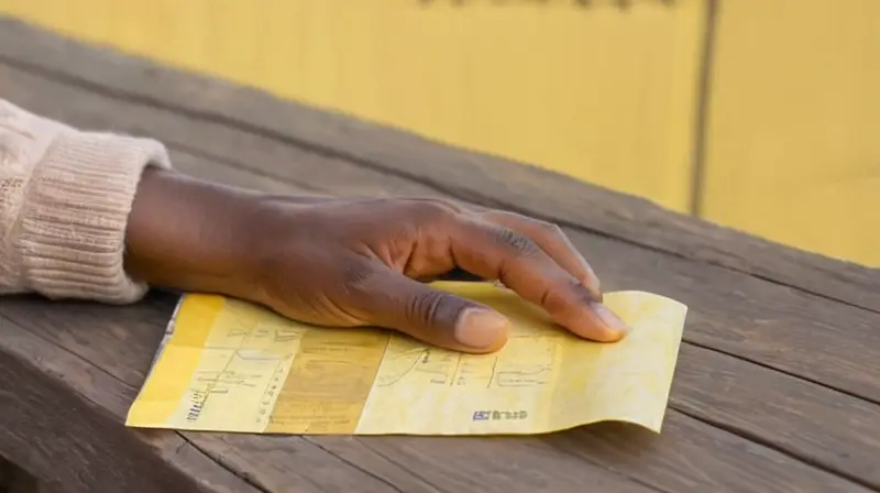 Una mano morena sostiene un papel amarillento con notas de estudio cerca de una hoja de espiral gastada en un escritorio desgastado