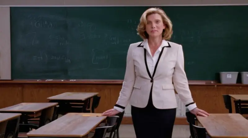 Una maestra posa confiada frente al pizarrón con equipos bien organizados detrás de ella