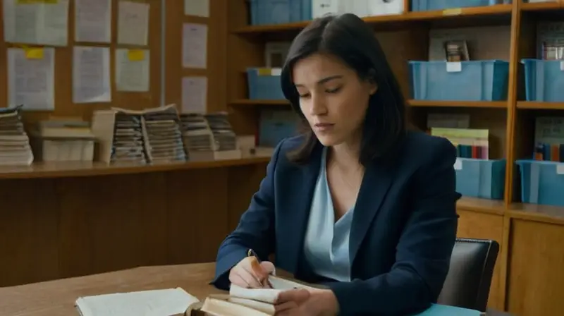 Una profesora joven y cabello oscuro trabaja en un pequeño despacho desordenado rodeada de libros y papeles