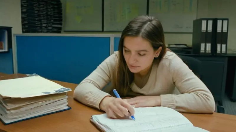 Una joven mujer examina una hoja de papel apoyada en la mesa de un desordenado escritorio iluminado por un fluorescente