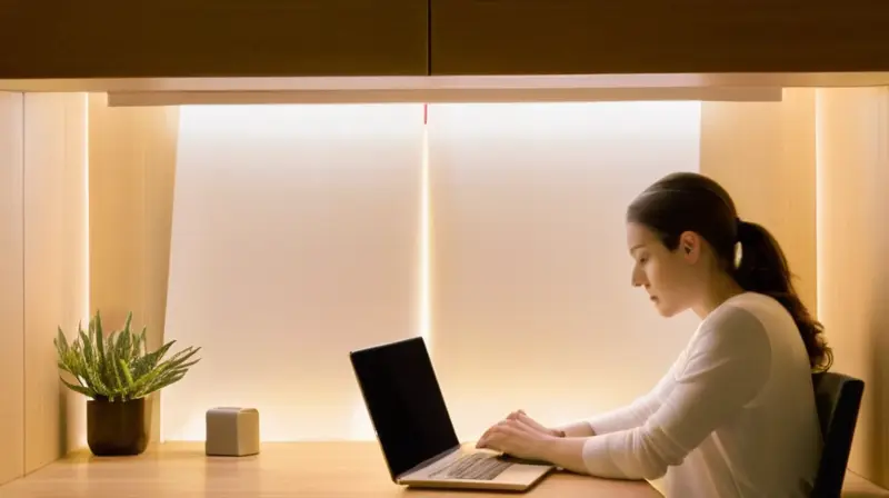 Una persona se sienta en una silla delante de un escritorio de madera con su laptop encendida bajo la luz fluorescente