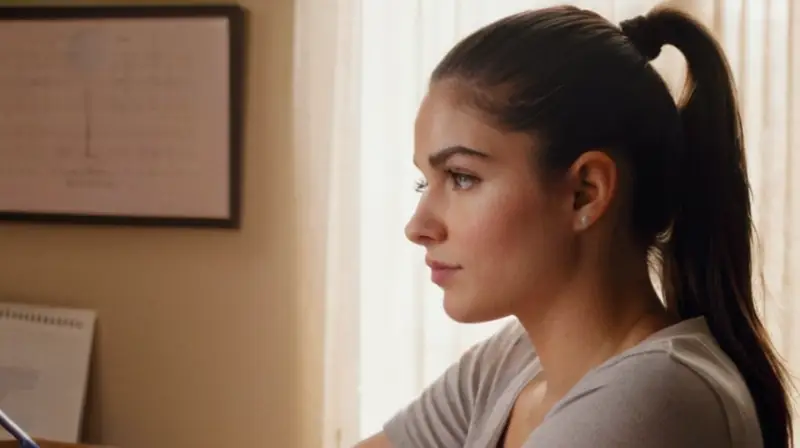 Una joven mujer sentada en un escritorio de madera está escribiendo notas con una pluma mientras enfoca su mirada hacia adelante