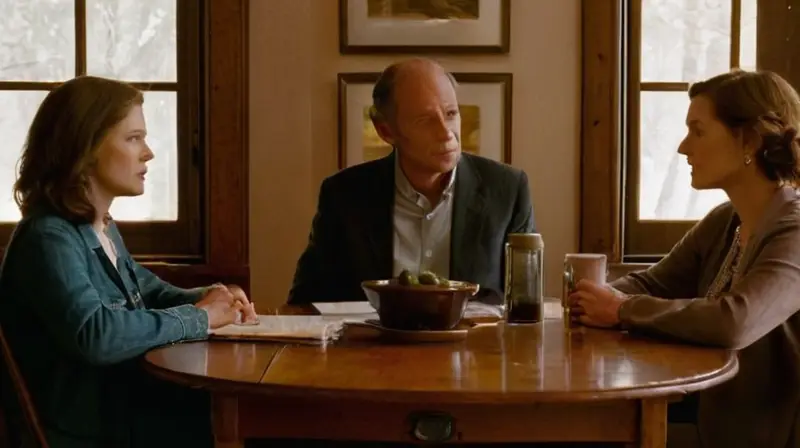 Una mesa de madera vieja es el centro destacado de la imagen con varias personas sentadas en torno a ella, todas concentradas e interactuando entre sí