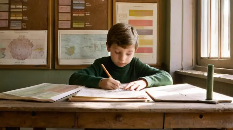Un niño de 8-9 años estudia en una mesa anticuada rodeado de escrituras grasientas y cartogramas colgados en una habitación con luz solar filtrada a través de las ventanas llenas de polvo