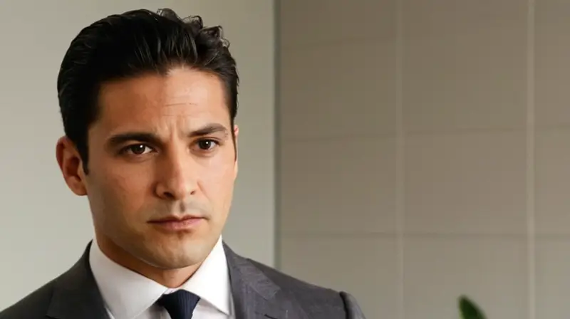 Un hombre hispano de mediana edad se sienta cómodamente frente al fondo blanco con un traje gris claro bien ajustado y una expresión reflexiva