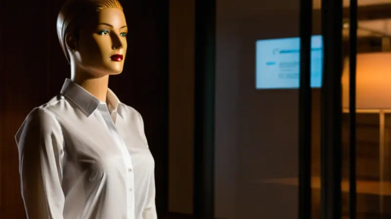 Un maniquí está quieto en una sala de conferencias oscura con solo una débil luz detrás suyo iluminando su espalda