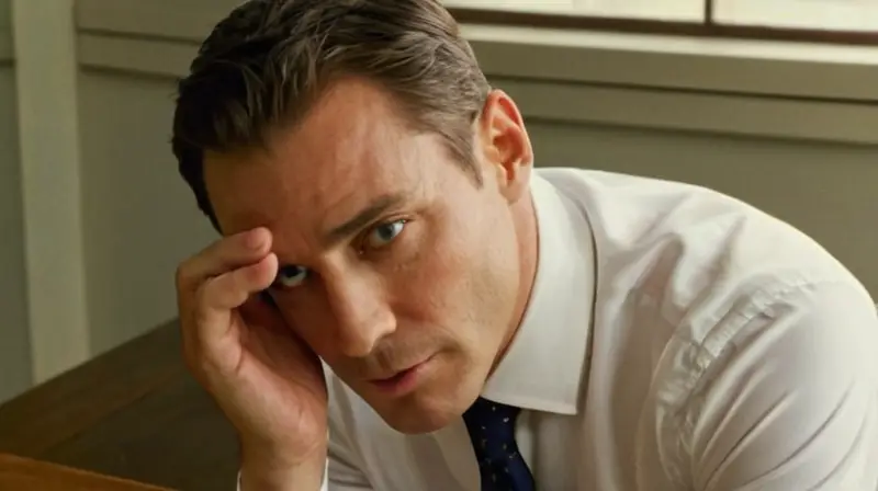 Un hombre sentado a su escritorio, con la cabeza gacha y una expresión pensativa