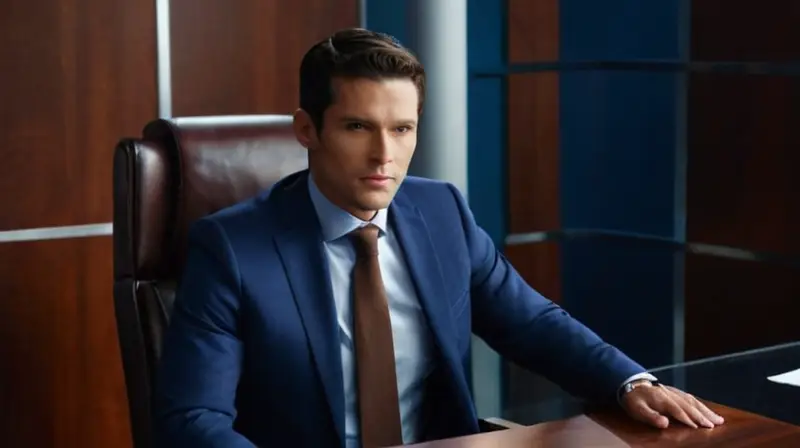 Un profesional varón sentado detrás de un escritorio amplio está concentrado y atento bajo la luz natural que entra a través de una ventana