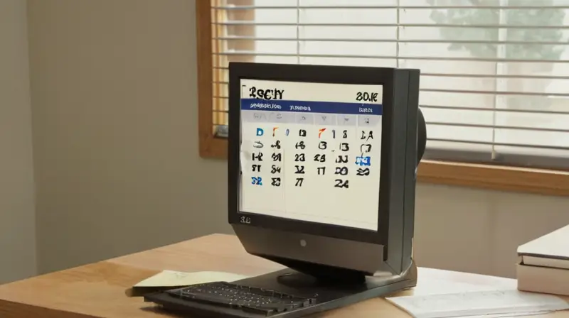 Un escritorio simple se encuentra en una oficina moderada con un monitor, un calendario y un bolígrafo desgastado