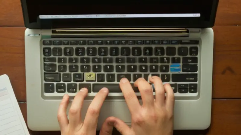 Una persona está escribiendo lentamente en un laptop antiguo bajo la iluminación tenue de una oficina