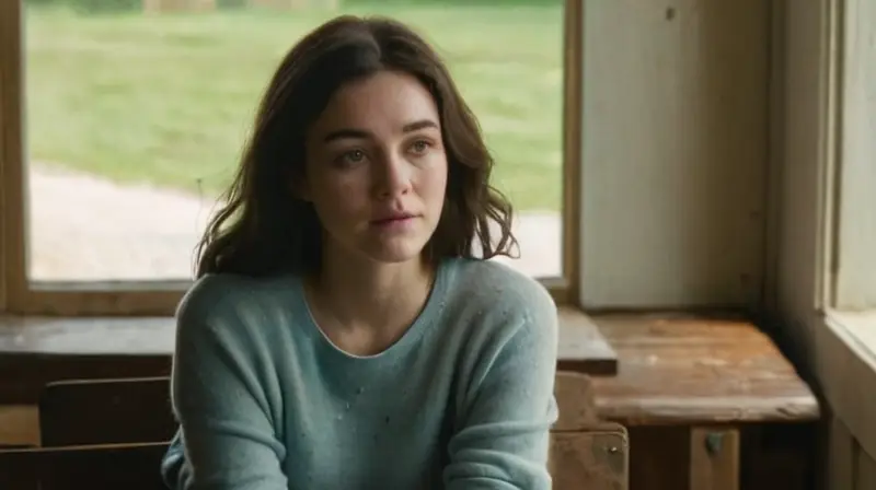 Una mujer está sentada en una banca de madera, observando con preocupación unstack de viejos libros mientras la luz del sol ilumina parte de su ropón