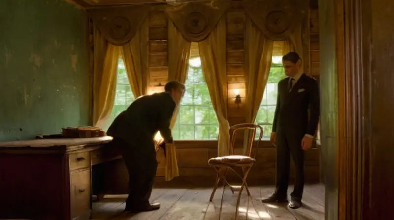 En una habitación de oficina oscura con muebles anticuados