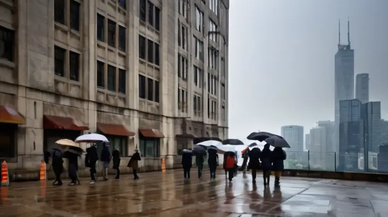 Un edificio de concreto gris descallado se destaca en medio de la lluvia