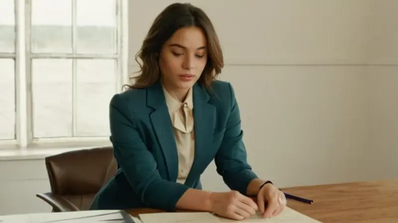 La joven está sentada en una oficina con paredes de yeso blanco