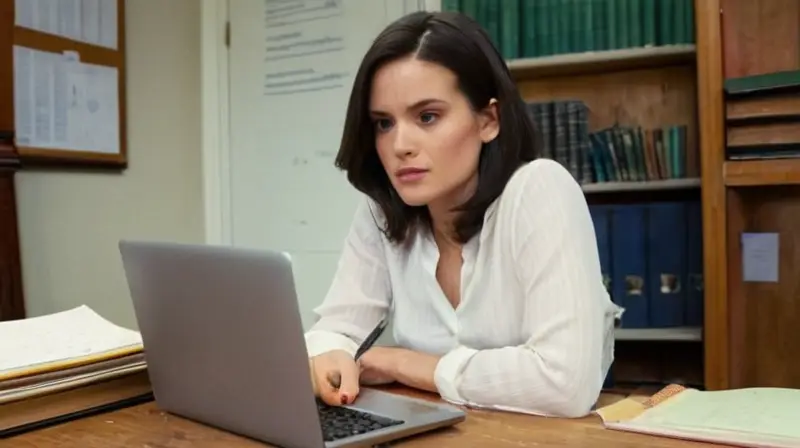 Una joven escritora se enfoca en su laptop