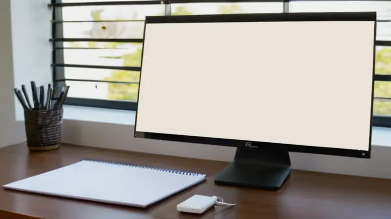 Una mesa de madera minimalista está equipada con un ordenador, un reproductor de música y algunos accesorios en una habitación tranquila iluminada por la salida del sol