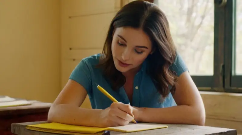 Una mujer sentada frente a un escritorio antiguos está concentrada escribiendo con lápiz y papel