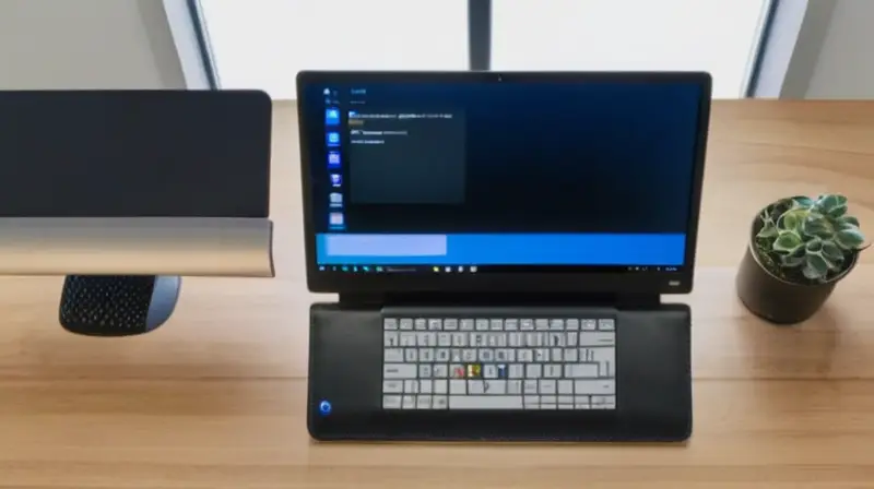 Una persona está sentada en un escritorio con una computadora encendida rodeado de papeles y carpetas