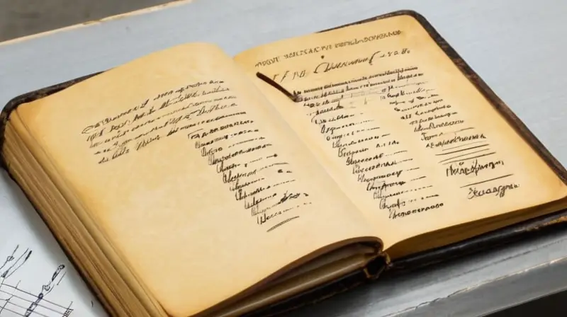 La escena describe un escritorio antiguo con notas manuscritas sobre una revista desgastada, iluminadas por una lámpara de incienso