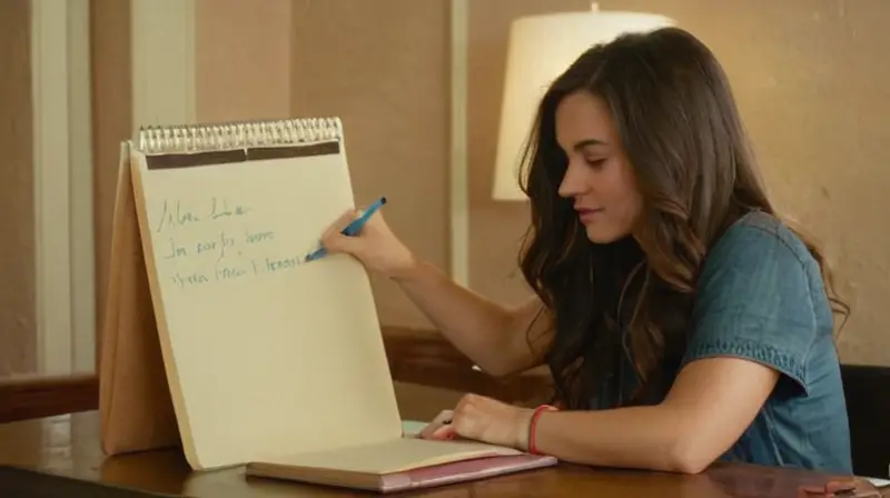 Una joven mujer se sienta en un escritorio con notas y materiales educativos dispersos por toda la superficie