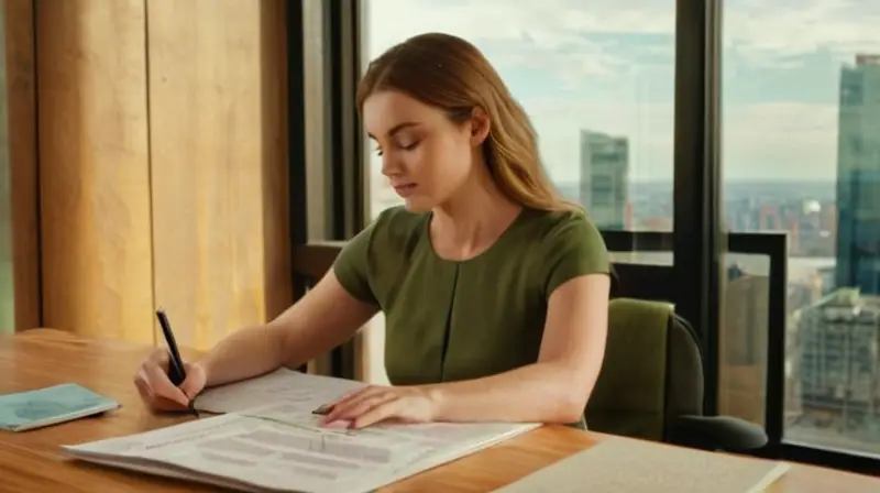 Una joven mujer trabaja en su escritorio de madera con sus manos sosteniendo varios archivos y una pluma