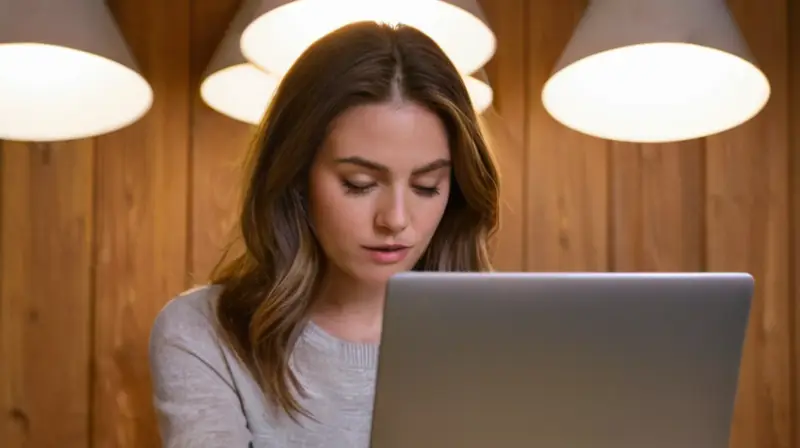 Una joven mujer está concentrada al frente de una mesa escribiendo en su computadora