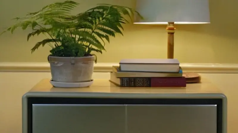 La habitación está iluminada por una luz cálida que refleja en las paredes crema con estanterías de libros y sobre ellas se ve un potted fern con hojas verdes y una mesa detrás