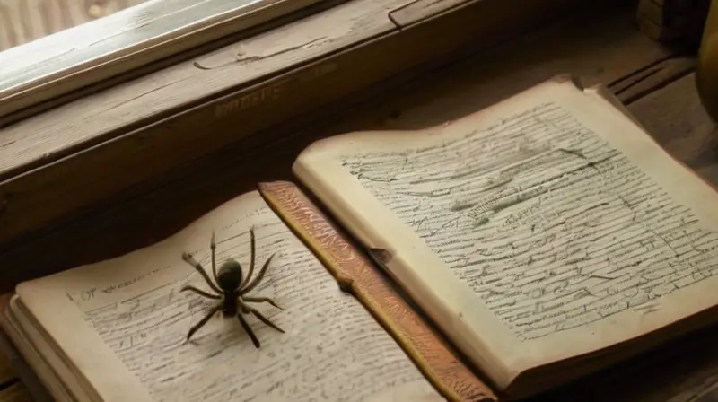 Un libro de cuero deteriorado y viejo descansa sobre un escritorio de madera, con notas manuscritas en sus páginas amarillentas