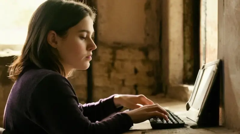 Una joven mujer trabaja concentrada en su escritorio desgastado y antiguo