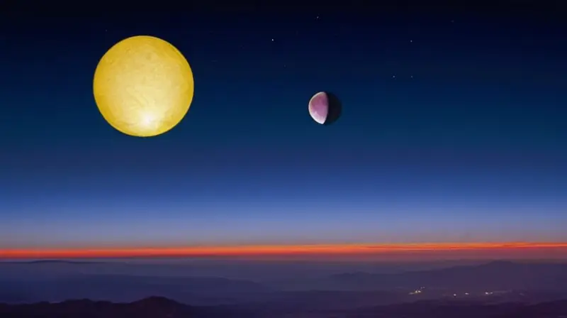 El cielo oscuro de fondo hace juego con las luces de brillantes estrellas y planetas