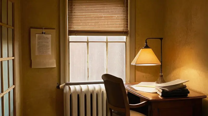 La habitación es descuidada y deteriorada, con muebles viejos y rasguños, y una pobre iluminación que resalta los detalles desgastados del espacio