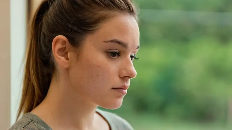 Una joven mujer con una expresión pensativa contempla su teléfono en la penumbra de un hogar acogedor