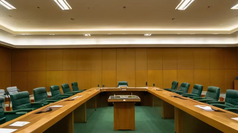 Un senador anciano se sienta en un centro delimitado por varios legisladores y escritorios desordenados