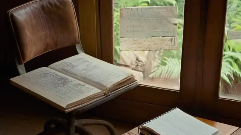 Una habitación sombría con un escritorio desordenado y objetos personales como viejos papeles, un diccionario y una planta