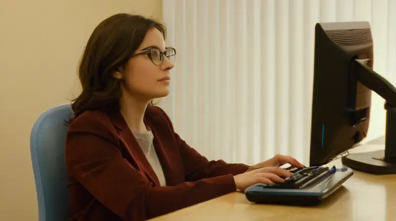 La joven mujer trabajadora se sienta ante una mesa desordenada con su frente en el cuadro de luz de la computadora
