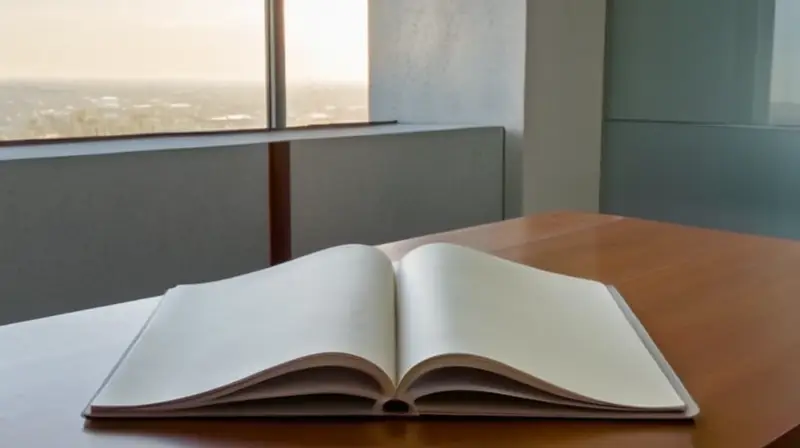 Una oficina tranquila con un escritorio y una laptop, junto a algunos libros y objetos que se reflejan en la luz de una lámpara