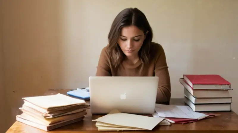 Una mujer de 27 años trabaja en un escritorio desordenado con una laptop abierta frente a ella