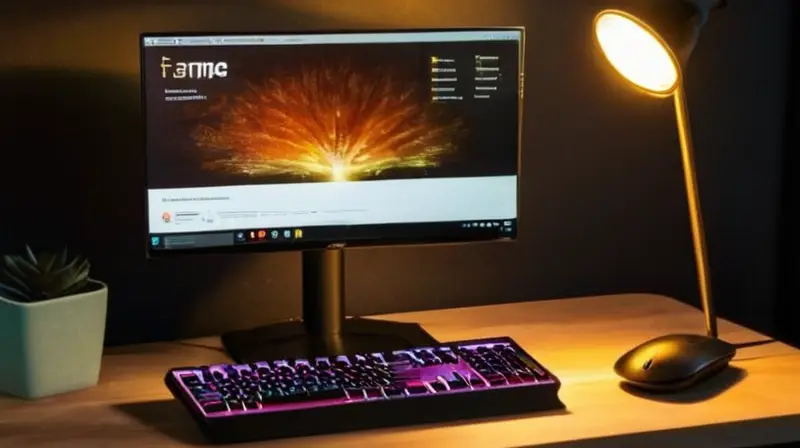 Una pantalla de ordenador iluminada suavemente por una lámpara de mesa sobre un escritorio desordenado cubierto con un tapete