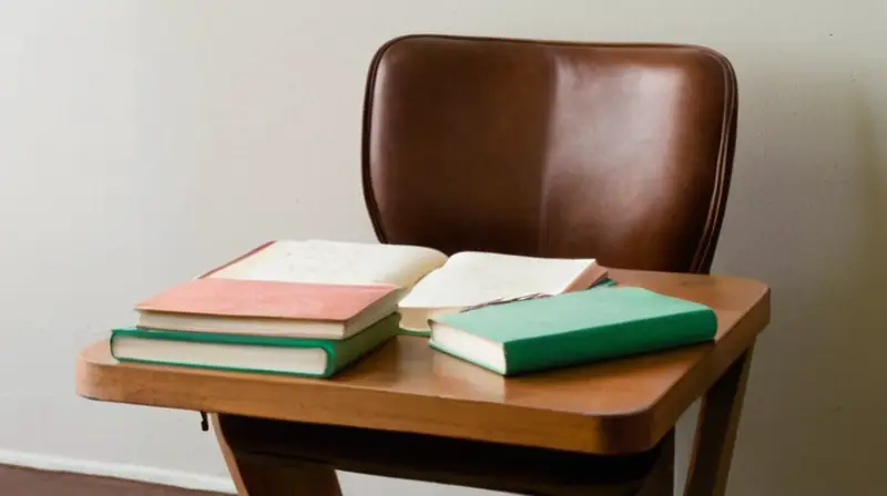 El escritorio está decorado con varios documentos y manuales apilados sobre una mesa minimalista