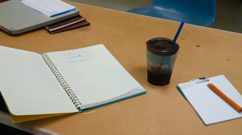 Un escritorio mal estrenado y una pizarra blanca están colocados en un espacio de estudio desordenado