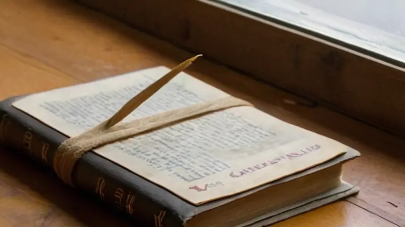 Sobre una mesa de madera desordenada reposa un libro antiguo de tapa beige con letras que reflejan el desgaste por la acción del tiempo