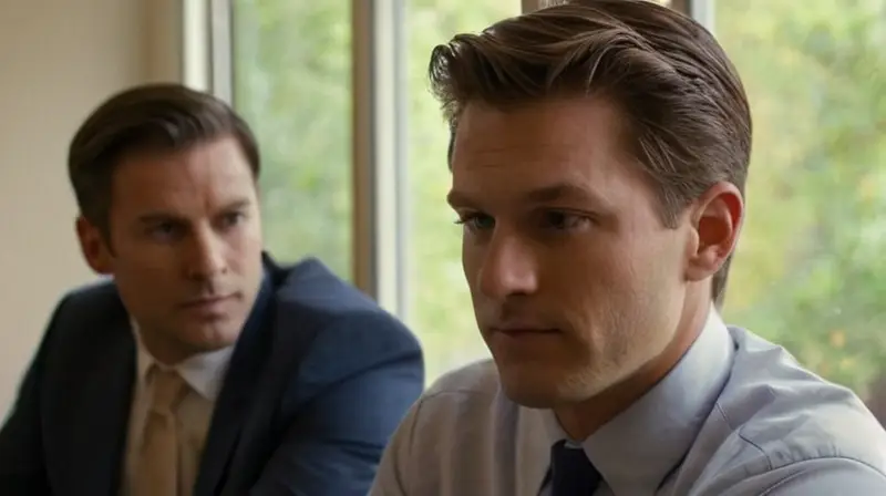 Dos hombres de negocios vestidos de traje están pensativos y tensos frente a una mesa de conferencia en un espacio blanco con detalles de madera y texturas visibles