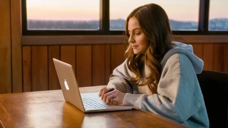 Una joven mujer se sienta en una habitación con un ámsterdam albergando su laptop y los contornos iluminados del nuevo amanecer