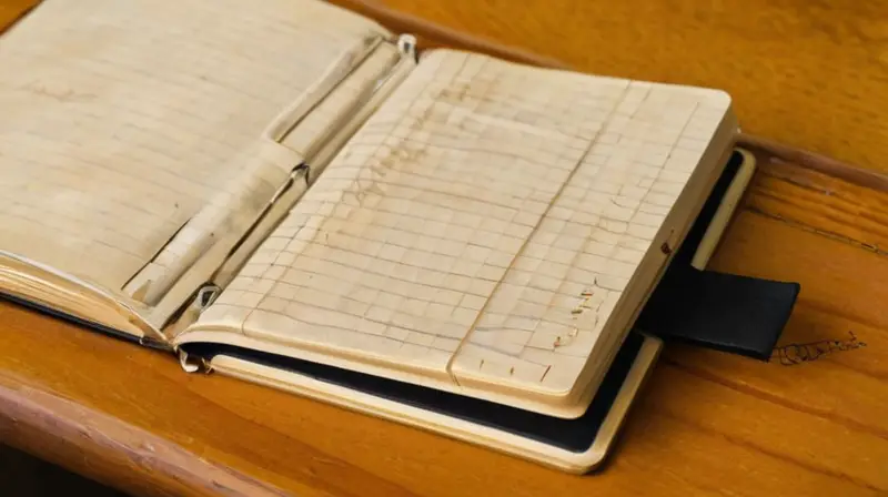 En una mesa desordenada, un cuaderno desgastado y de tapa beis está abierto con páginas llenas de escritura legible en tinta negra