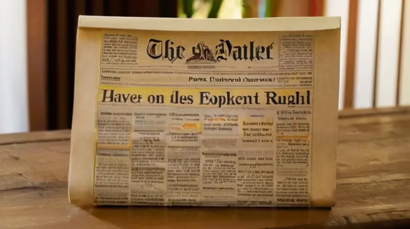 Una persona estudia una hoja de periódico en un escritorio antiguo, iluminado por la suave luz del sol