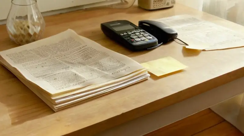 Un periódico amarillento con una noticia sobre la eficacia de los cursos no oficiales para opositores resalta entre un caos organizado