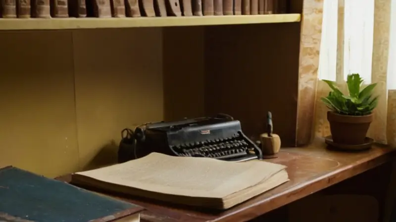 Una habitación de estudio anticuada y desordenada muestra un escritorio con una carpeta abierta conteniendo texto manuscrito en tinta azul