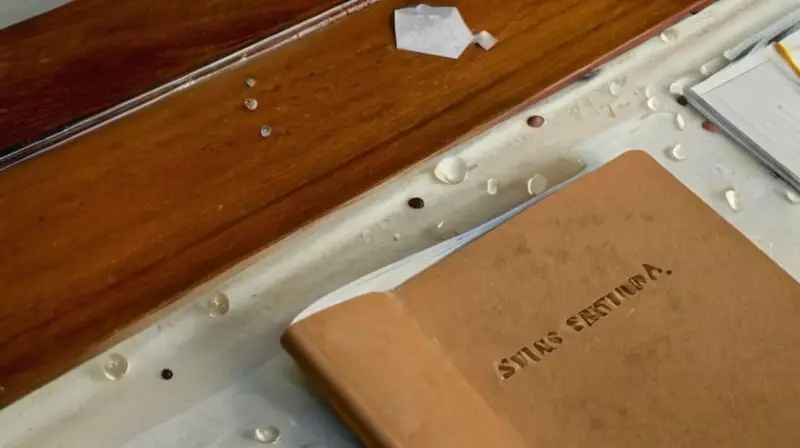 La escena describe un espacio de trabajo desordenado con elementos como restos de pastritas, un escritorio apilado y una computadora antigua iluminada por la luz del sol a través de una ventana