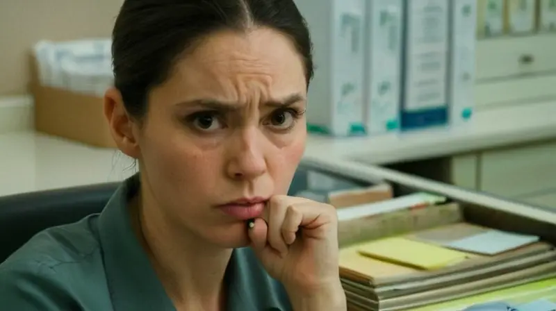 La mujer tiene una expresión tenaz, con cejas fruncidas y labios apretados, acurrucada en contra de su puño cerrado sobre una mesa hospitalaria desordenada