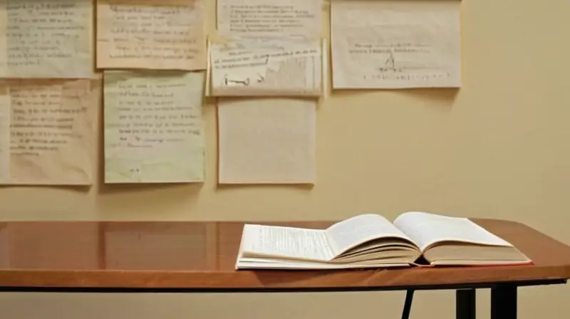 Una persona estudia intensamente en una habitación llena de libros y notas con la ayuda de una luz incandescente
